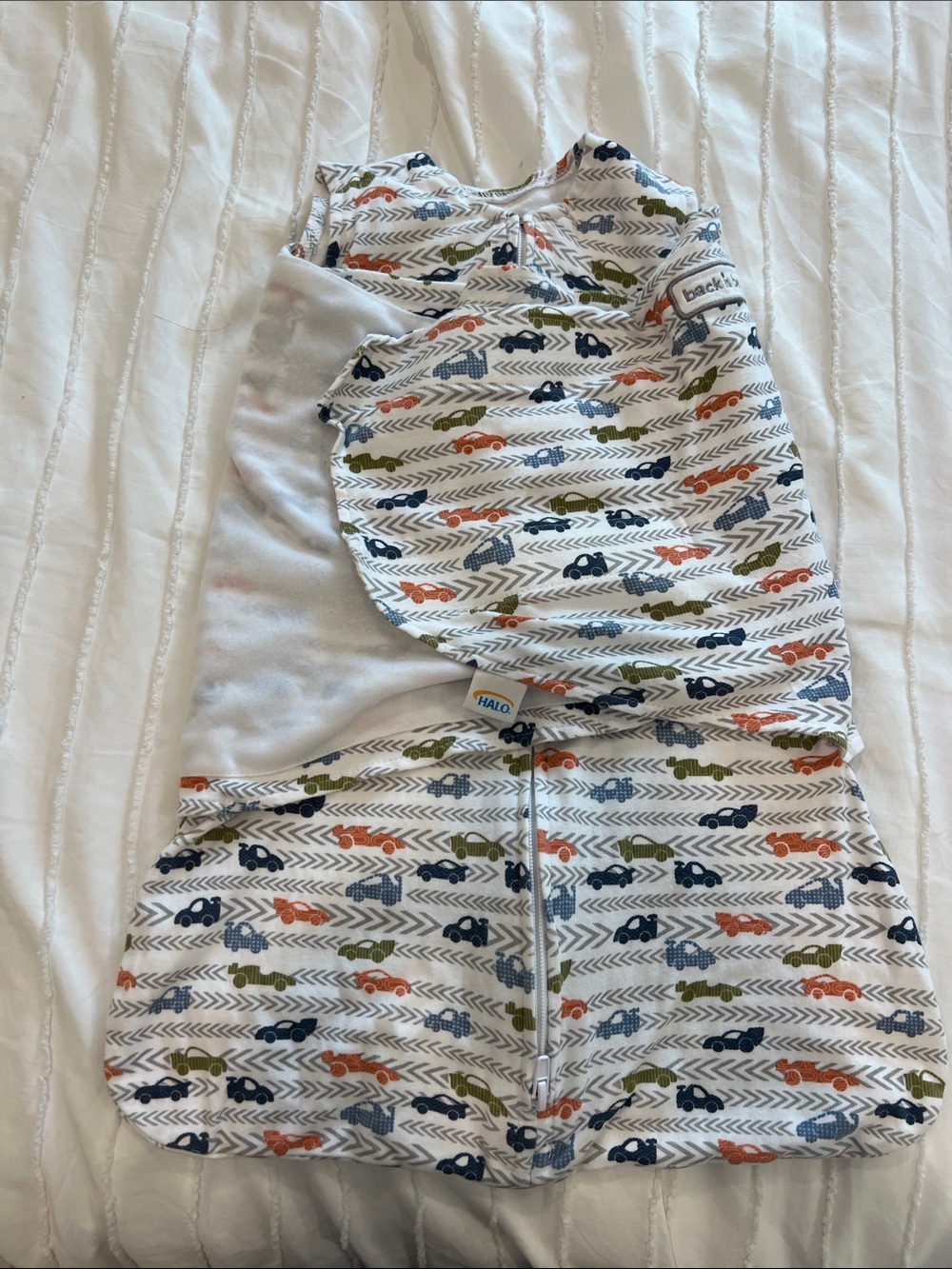 Halo Baby Sleep Sack in White with Blue, Orange & Green Car Pattern